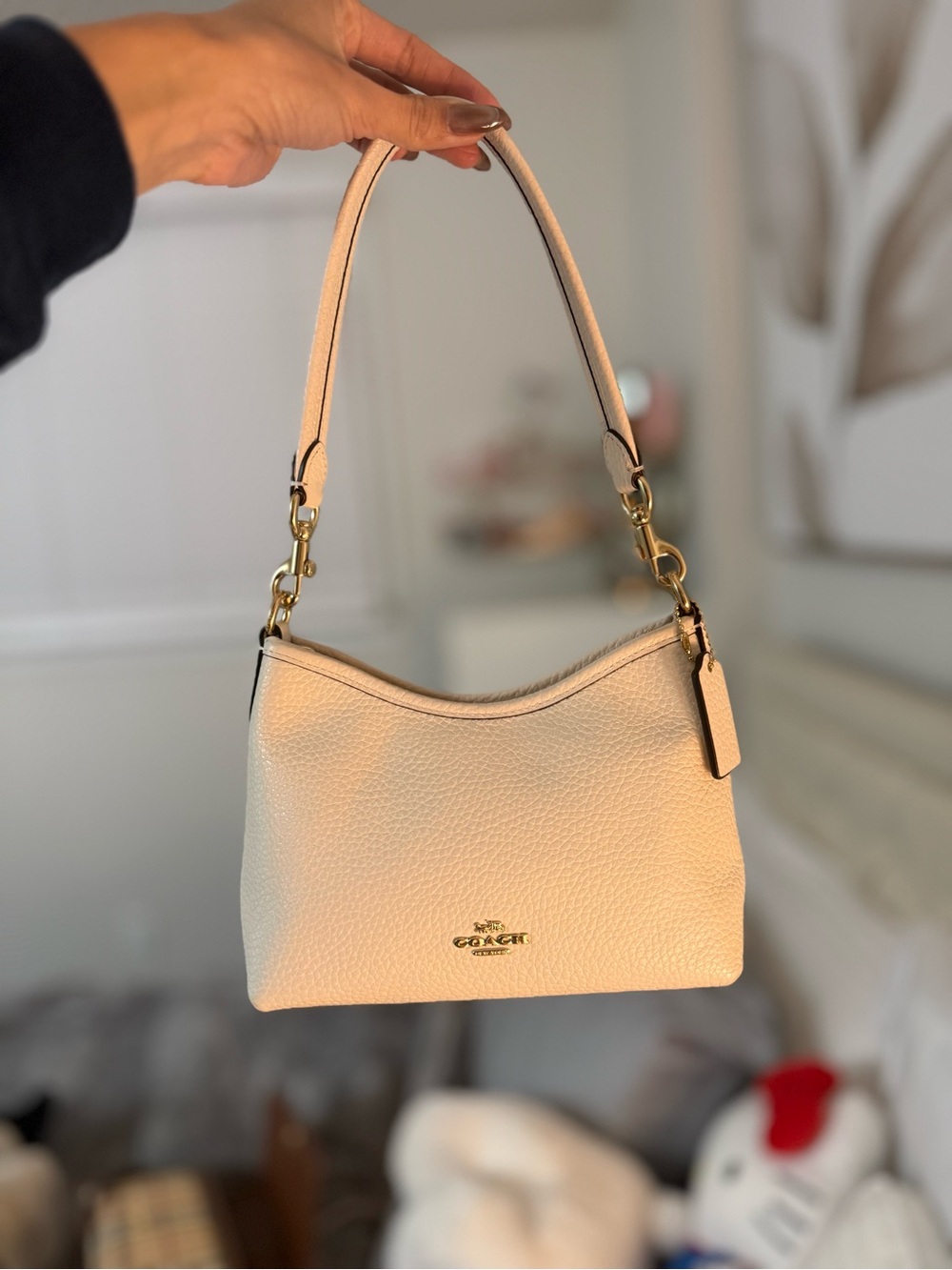 Coach Cream Pebbled Leather Shoulder Bag with Gold Hardware